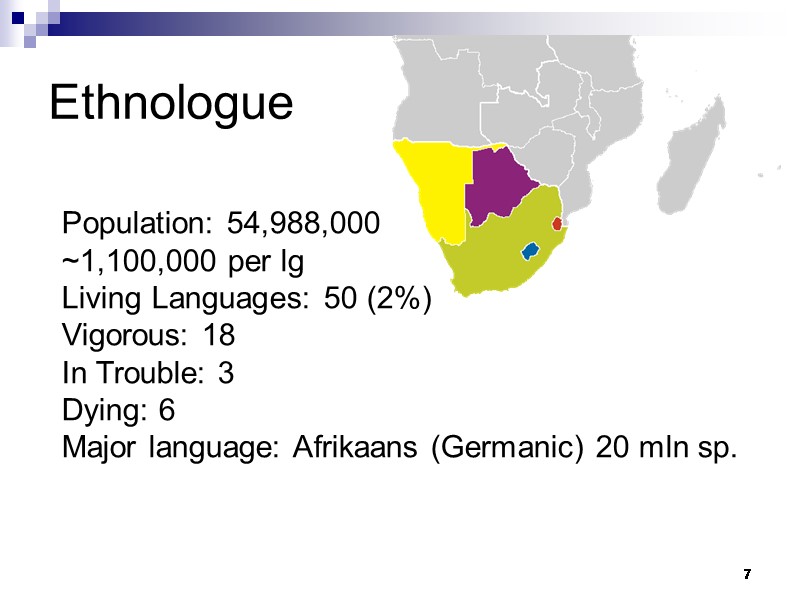 7 Ethnologue Population: 54,988,000 ~1,100,000 per lg Living Languages: 50 (2%) Vigorous: 18 In